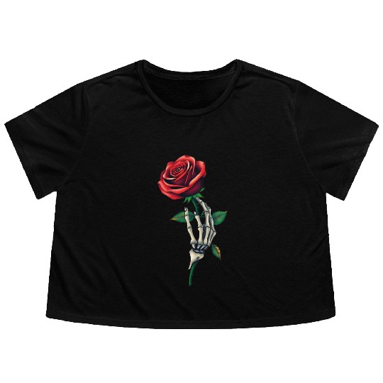 Skeleton Hand Holding a Rose: Beauty in the Dark Flowy Cropped Tees