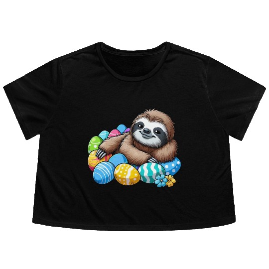 Cute Sloth Easter Egg Cartoon Chilling Flowy Cropped Tees