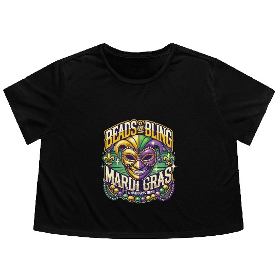 Beads And Bling Mardi Gras Mask Extravaganza Flowy Cropped Tees