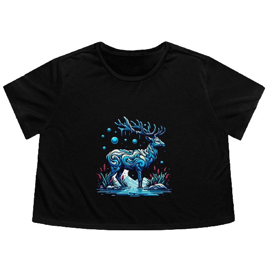 Majestic Blue Deer in Enchanted Forest Flowy Cropped Tees