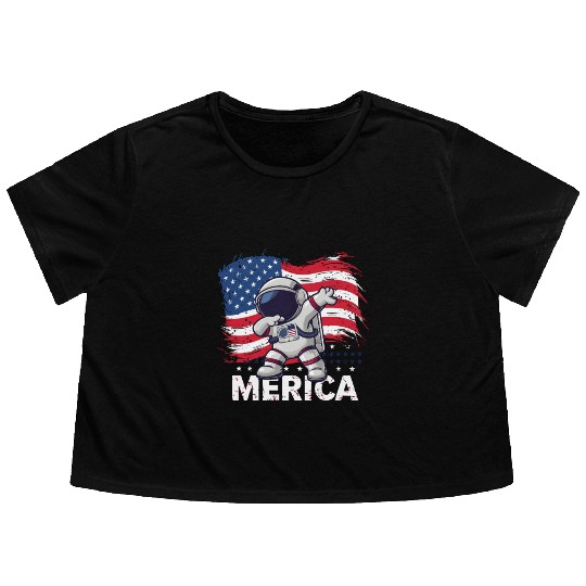 Merica Astronaut Adventure Dab with American Flag Flowy Cropped Tees