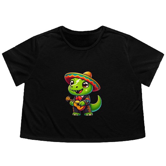 Dino Mariachi Cinco de Mayo Guitar Flowy Cropped Tees