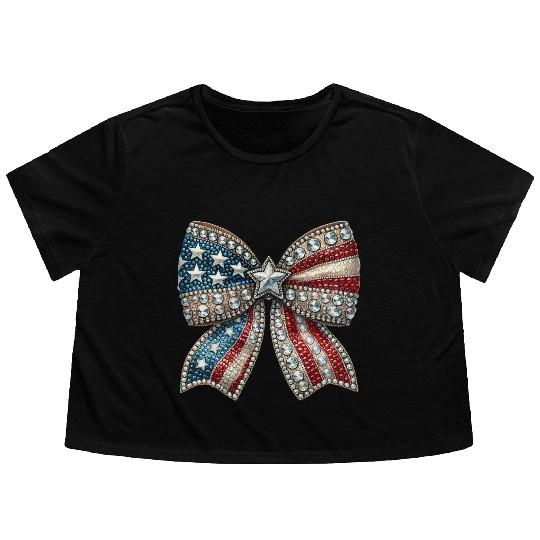 Patriotic Rhinestone Bow Flowy Cropped Tees