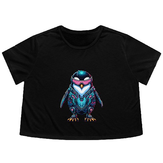 Futuristic Cyber Penguin Warrior with Neon Tech Flowy Cropped Tees