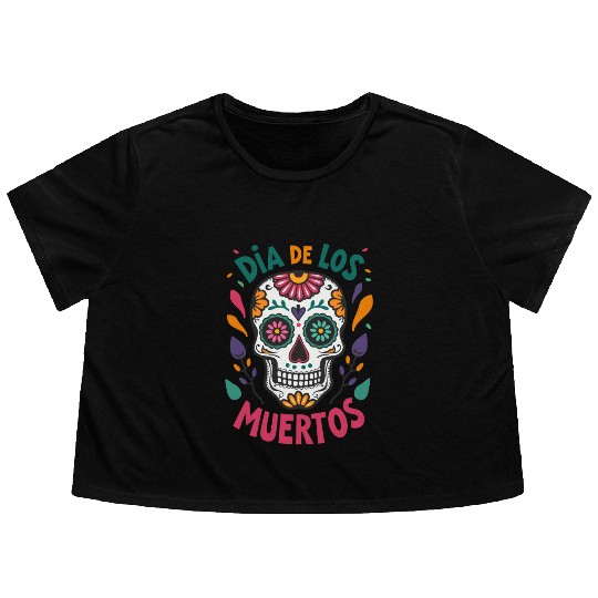 Mexico Día de los Muertos Skull Flowy Cropped Tees