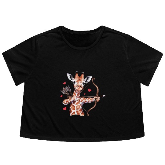 Charming Giraffe Archer with Hearts and Bow Flowy Cropped Tees