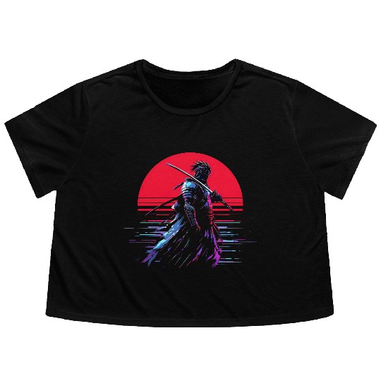Cyberpunk Samurai Warrior Under Neon Moon Flowy Cropped Tees