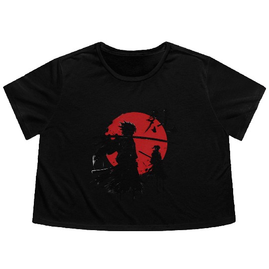 Shadow Samurai Warriors Under Blood Moon Flowy Cropped Tees