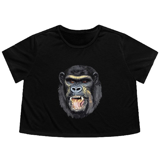 Fierce Gorilla Head Design, Wild Animal Art Flowy Cropped Tees