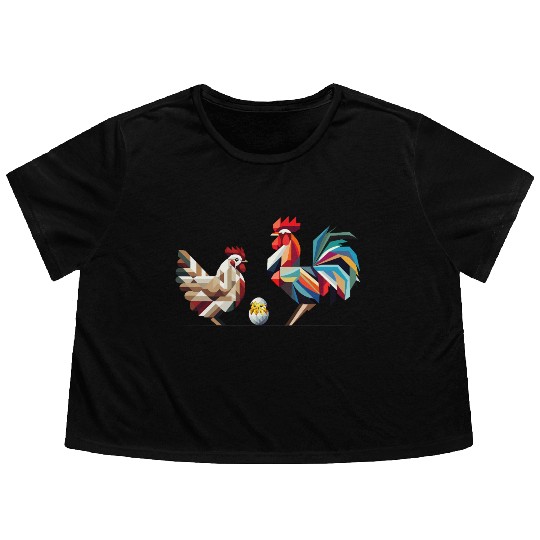 Rooster, Hen, and Chick – Geometric Easter Motif Flowy Cropped Tees