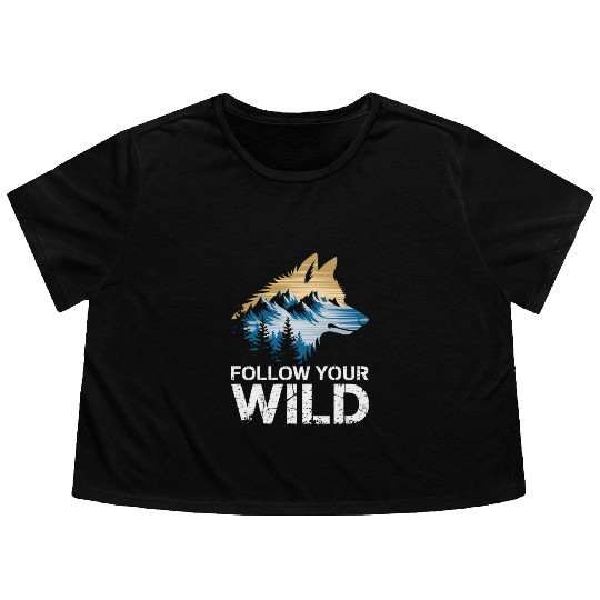 Follow Your Wild Adventure Mountain Wolf Flowy Cropped Tees