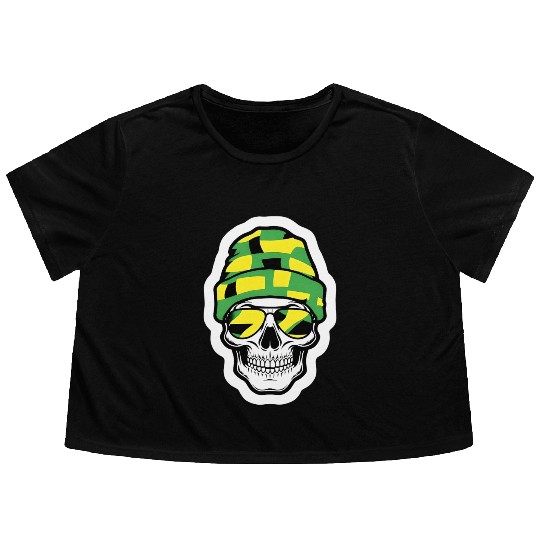 Human Skull Wearing Green Beanie Flowy Cropped Tees