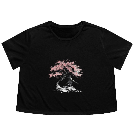 Samurai trains beneath a blooming Sakura tree Flowy Cropped Tees