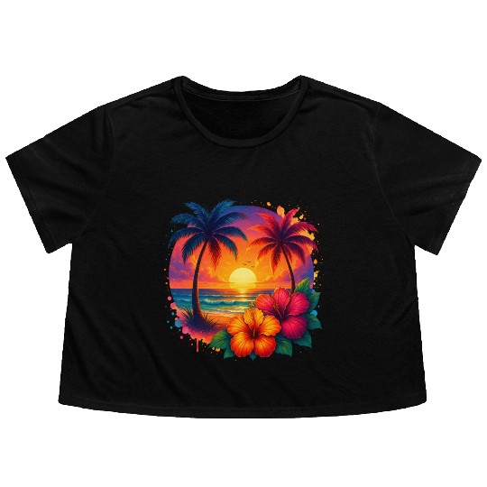 Tropical Sunset Palm Trees and Hibiscus Flowy Cropped Tees
