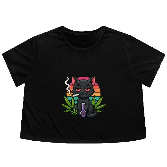 Cute Cat Smoking Weed Flowy Cropped Tees
