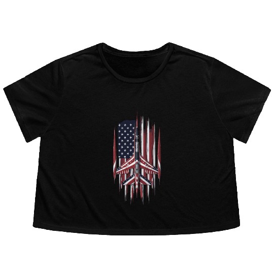 Patriotic Fighter Jet American Flag Art Flowy Cropped Tees