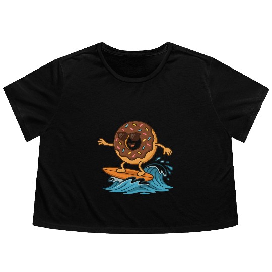 Cool Donut Surfing the Waves Cartoon Art Flowy Cropped Tees