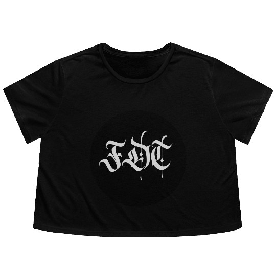 Ornate Gothic Lettering FDT in Light Grey on Black Flowy Cropped Tees