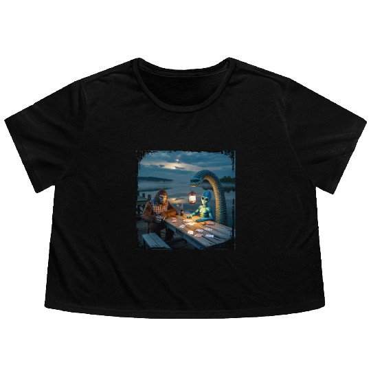 Cryptid Poker Night on Loch Ness - Bigfoot, Flowy Cropped Tees