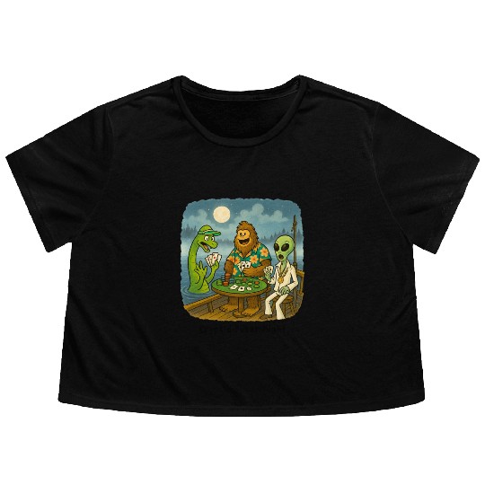 Bigfoot, Nessie and an Alien Play Poker - Cryptid Flowy Cropped Tees