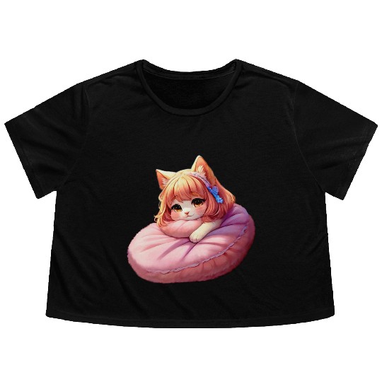 Neko Snoozing Under Sakura Flowy Cropped Tees