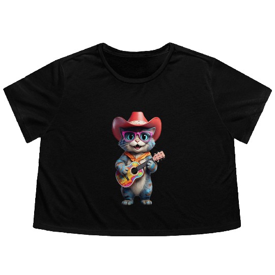 Chill Cat with Sunset Vibe Guitar Flowy Cropped Tees