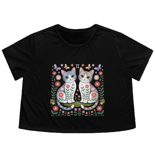 Gemini Zodiac Twin Cats Art Flowy Cropped Tees
