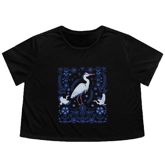 Great Blue Heron Folk Art Flowy Cropped Tees
