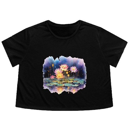 Retro Zen Lotus Firefly Night Flowy Cropped Tees