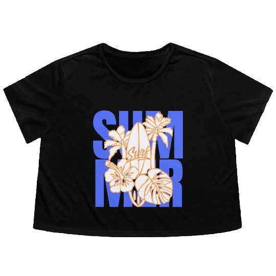 Summer Surfboard & Palm Tree Tropical Design Flowy Cropped Tees