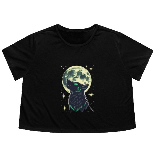 Celestial Howl – Mystical Wolf Under Moonlight Flowy Cropped Tees