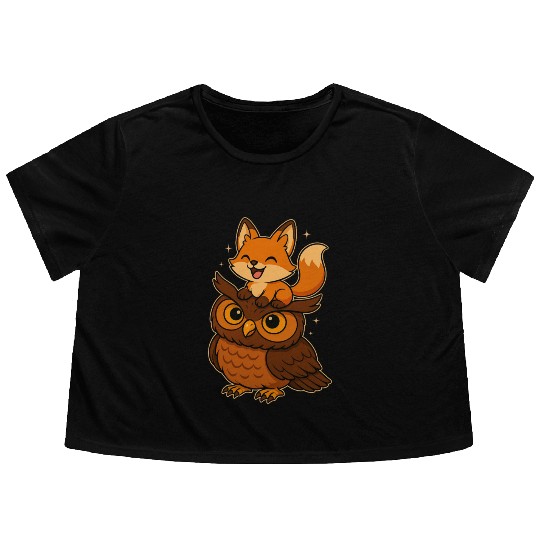 Funny Fox and Owl Cute Forest Animals Cartoon Flowy Cropped Tees