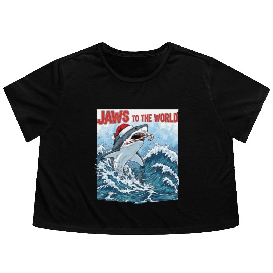 Jaws to the World – Christmastime Shark Attack Flowy Cropped Tees