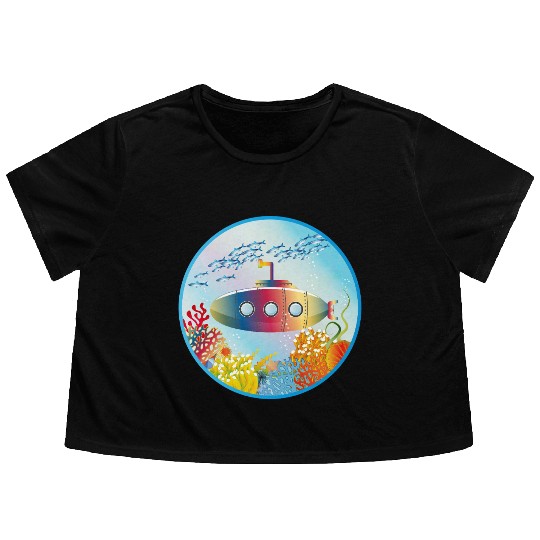 Colorful Submarine in a Tropical Coral Reef Flowy Cropped Tees