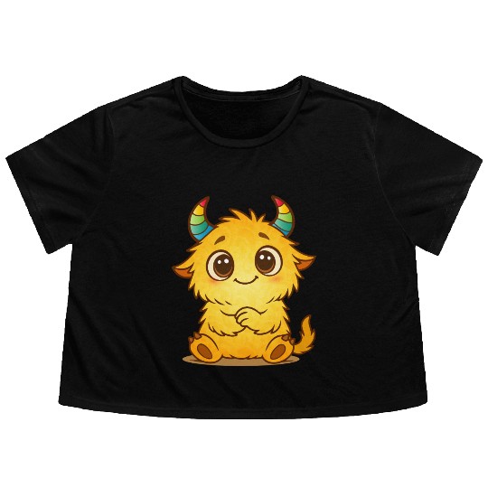 Cute Yellow Monster with Rainbow Horns Flowy Cropped Tees