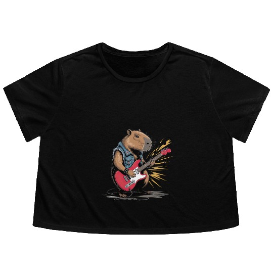Cool Capybara Playing Electric Guitar Flowy Cropped Tees