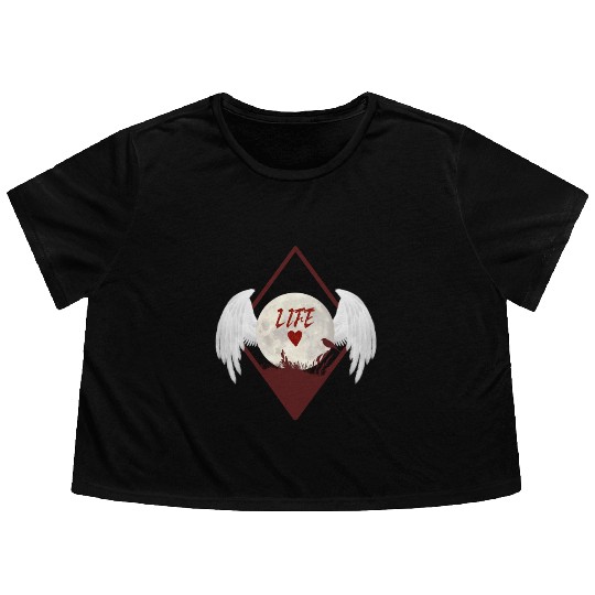 Moonlit Heart with Angel Wings (LIFE) Flowy Cropped Tees