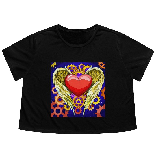 Mechanical Heart with Angel Wings Flowy Cropped Tees
