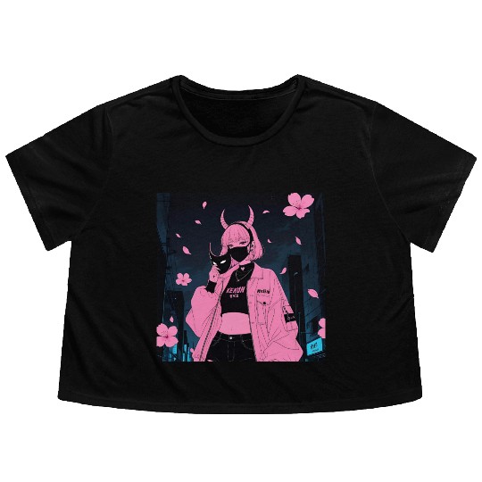 Neon Sakura Night Streetwear Design Flowy Cropped Tees