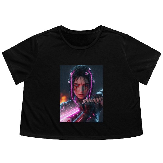 Cyberpunk Samurai Girl Flowy Cropped Tees
