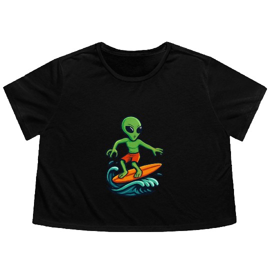 alien surfing Flowy Cropped Tees