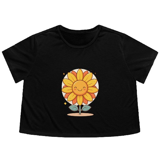 Smiling Kawaii Sunflower Flowy Cropped Tees