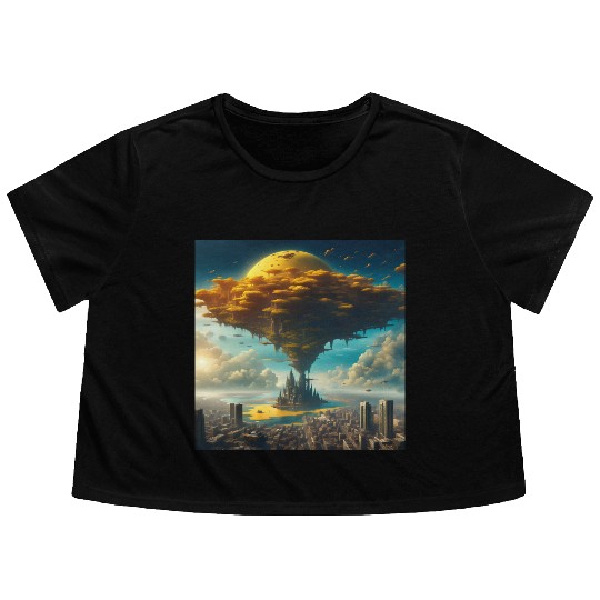Sci-Fi Alien City: Floating Planet Twilight Scene Flowy Cropped Tees
