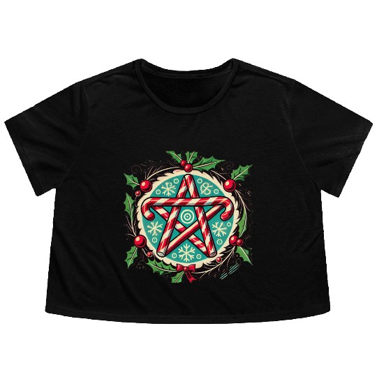 Yule Pentacle with Candy Canes Pagan Holiday Desig Flowy Cropped Tees