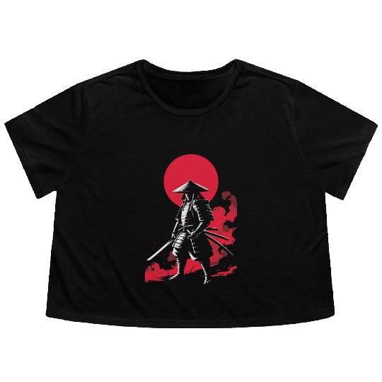 Samurai Warrior with Red Sun Backdrop Flowy Cropped Tees