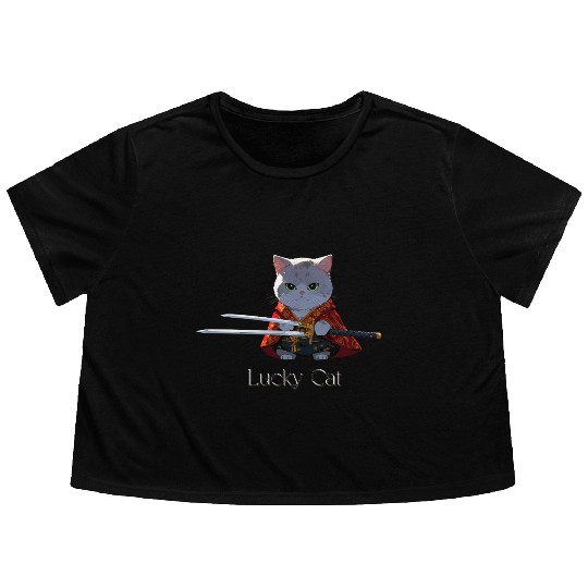 Mythic Warrior Cat with Swords Flowy Cropped Tees