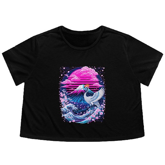 Neon Sakura Crane & Mount Fuji Scene Flowy Cropped Tees
