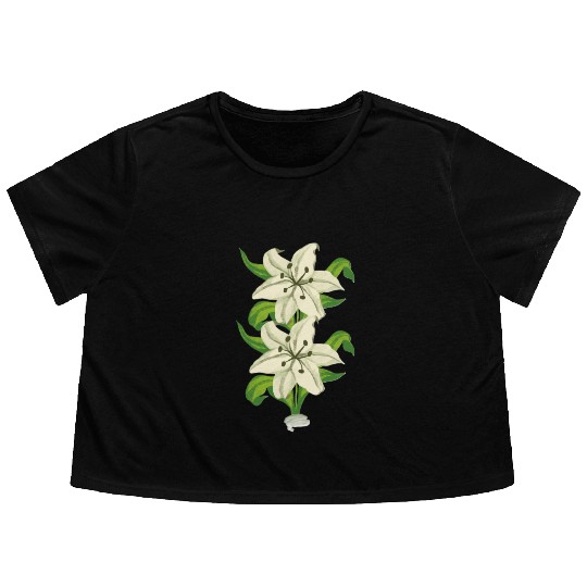 Elegant White Lily Botanical Illustration Flowy Cropped Tees