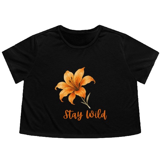 Vivid Orange Lily with Stay Wild Message Flowy Cropped Tees