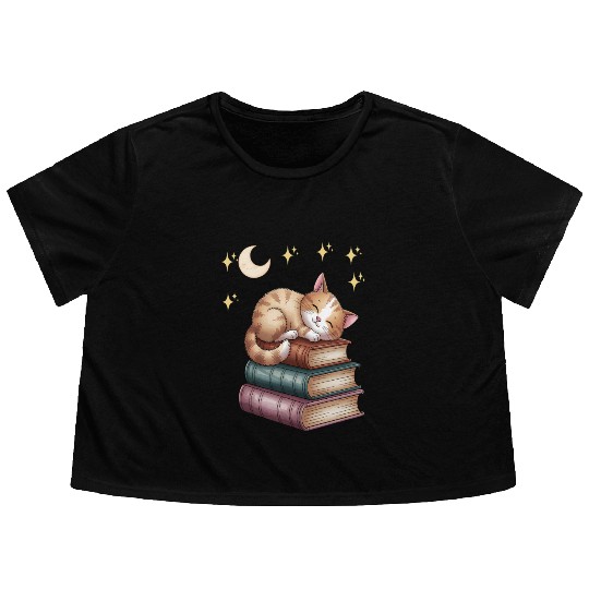 Sleepy Cat on Book Stack Flowy Cropped Tees